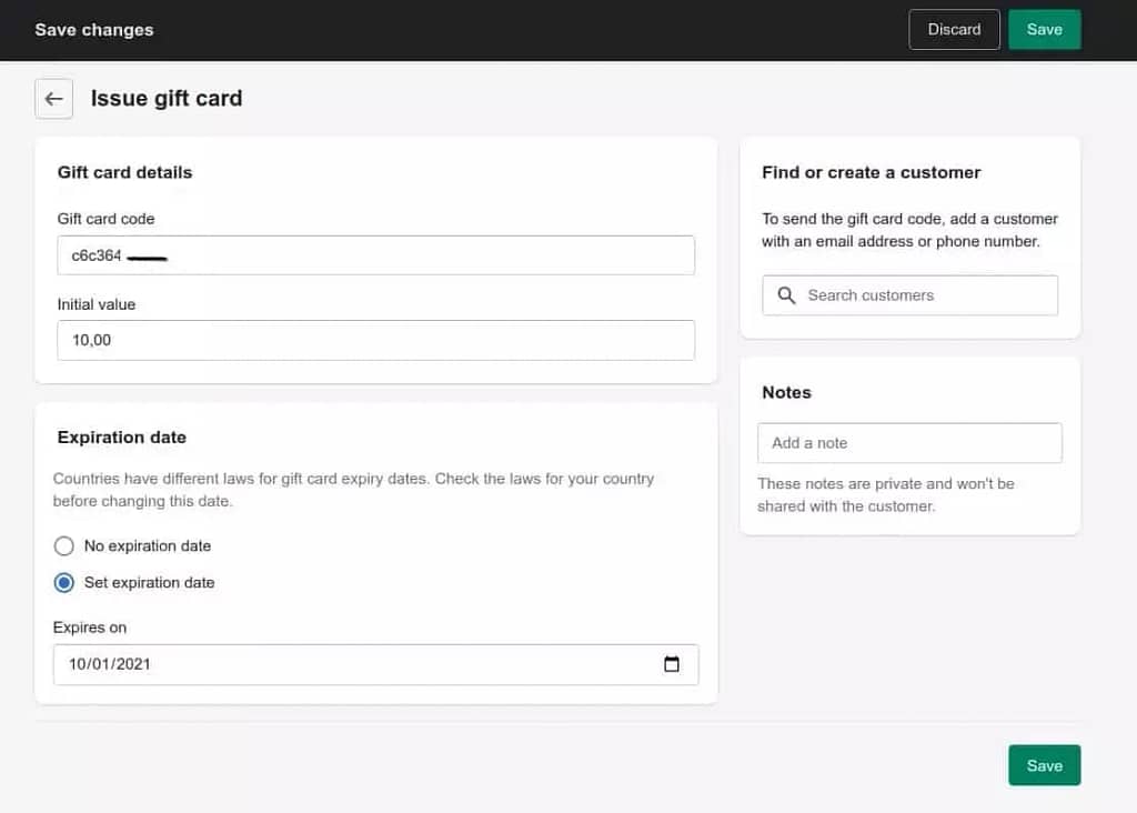 Shopify - Complete and issue gift cards